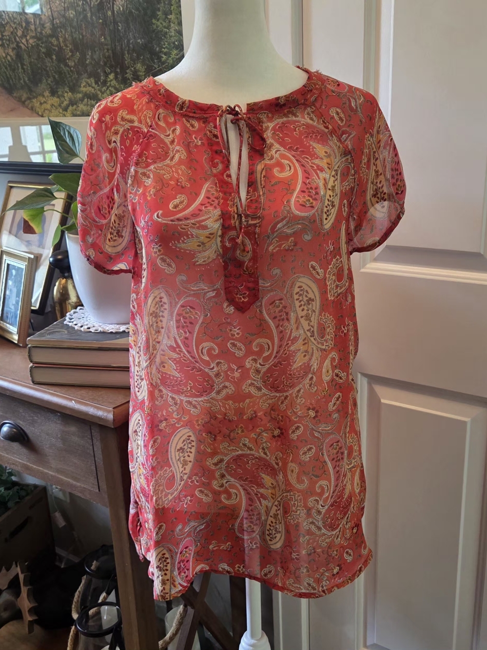Liz Claiborne Blouse Tie Front Cap Sleeve Sheer Paisley Coral Womens M